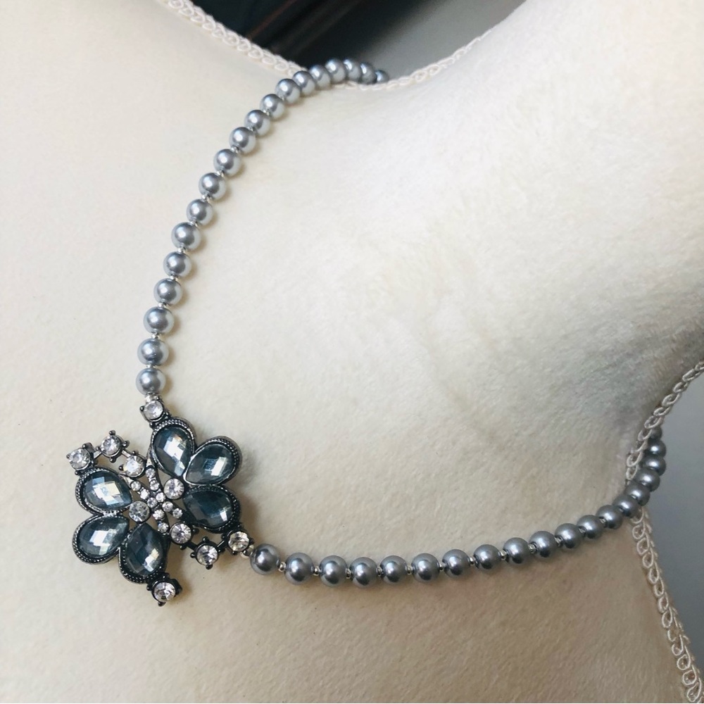 Handcrafted repurpose smoky stone floral pendant Czech glass Pearl necklace